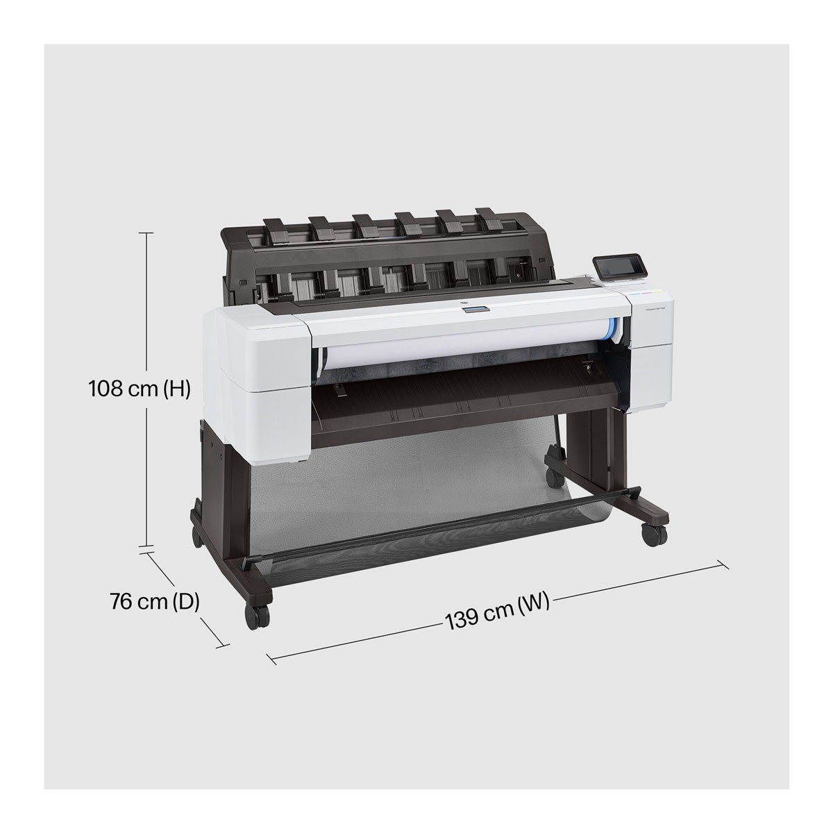 HP DesignJet T1600 product dimensions labeled in centimeters.