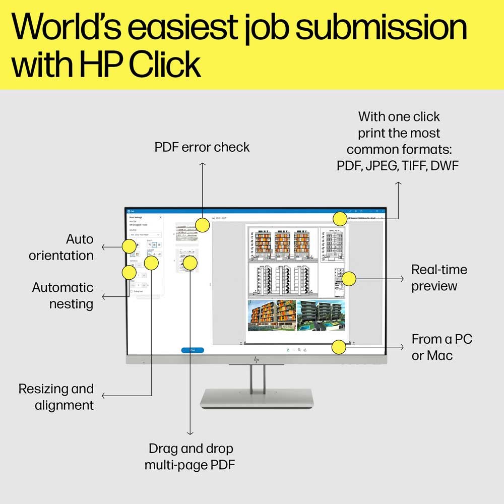 HP DesignJet T1600 annotated image showing HP Click software interface with job submission and PDF features.