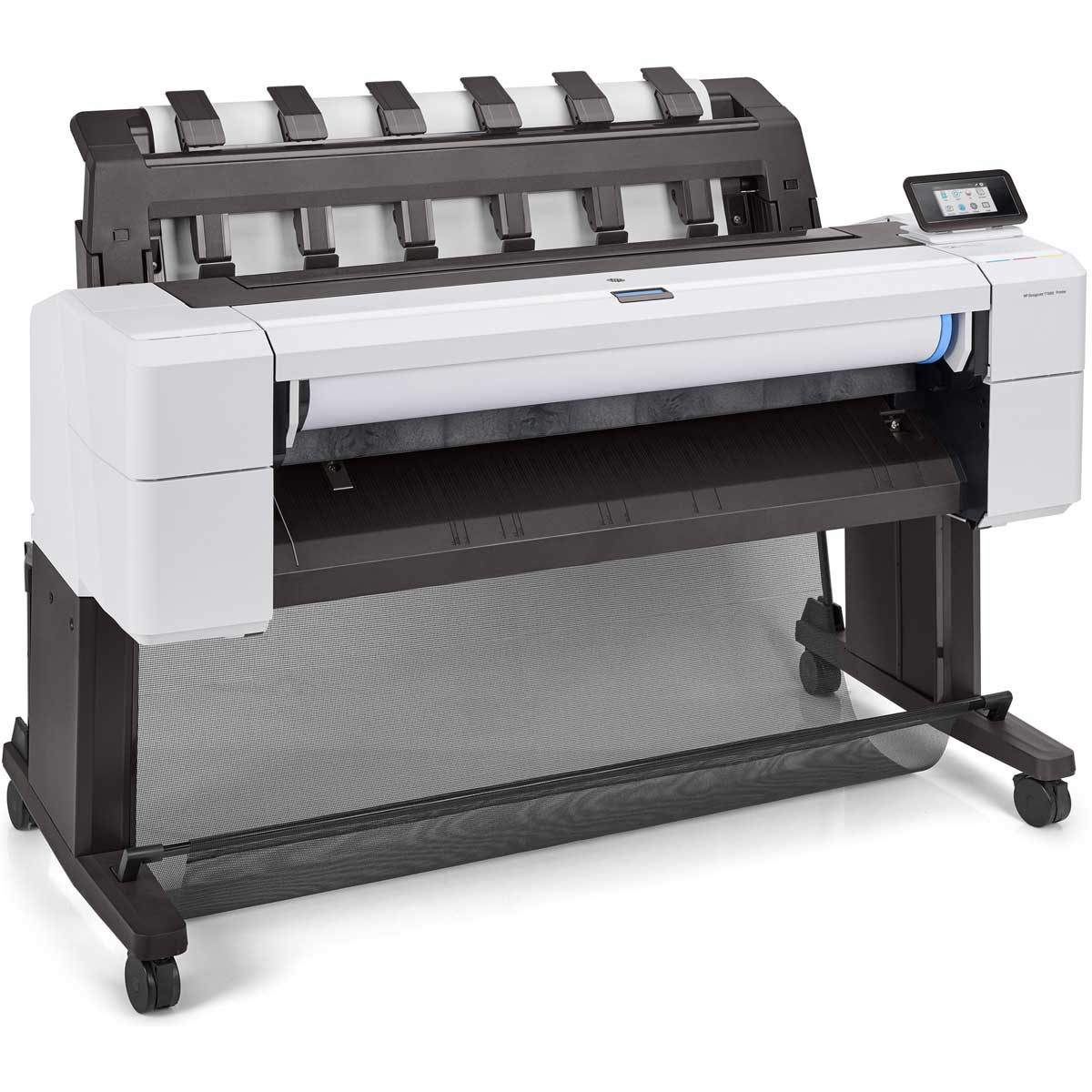 HP DesignJet T1600 right facing view with visible paper roll feed and touchscreen controls.