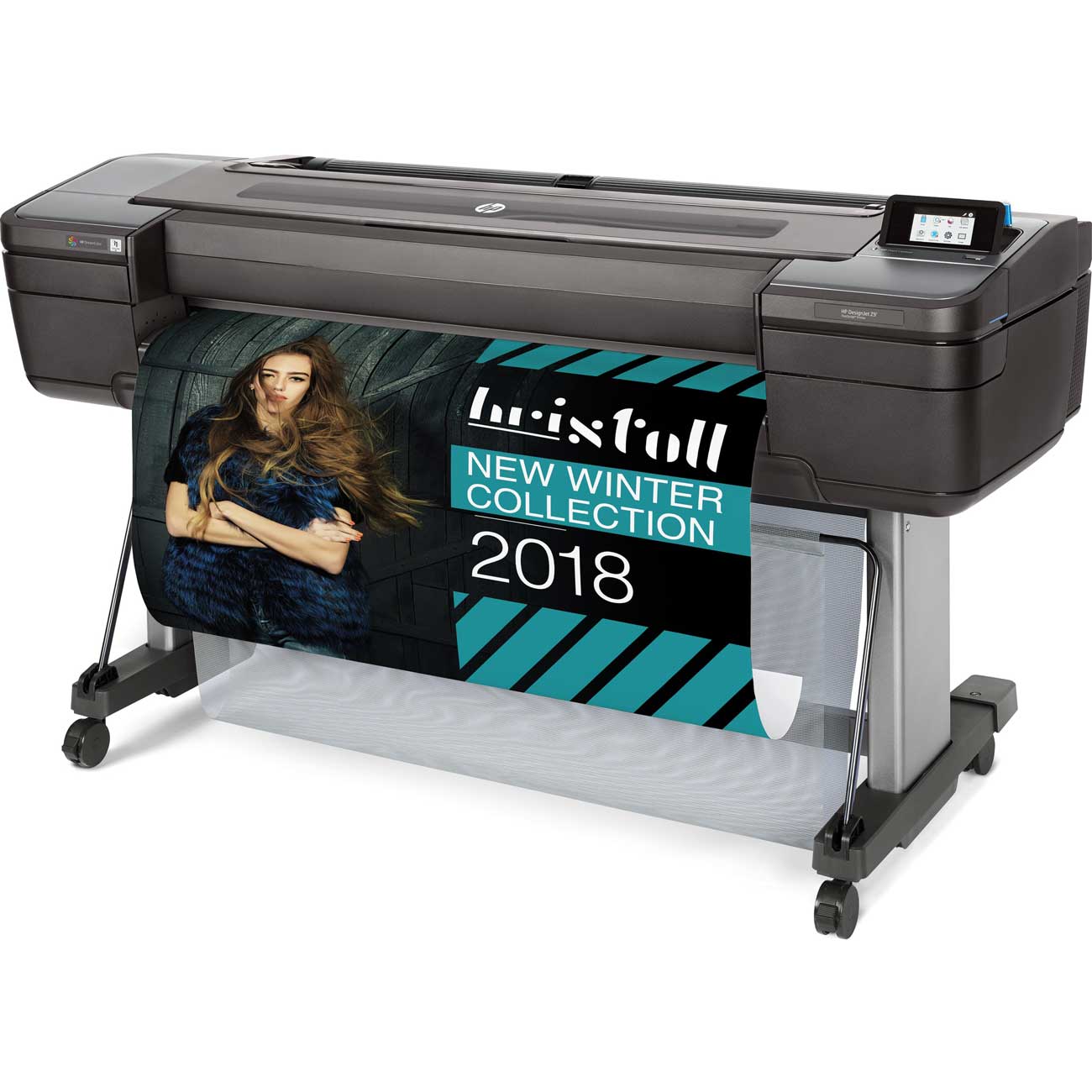 HP DesignJet Z9 printer angled left displaying a fashion poster for the 2018 Winter Collection.