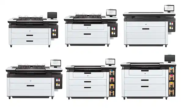 Two rows of HP PageWide Wide Format Printers