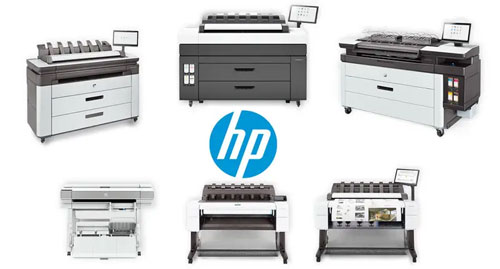 HP Family of Wide Format Printers with the HP Logo in the middle