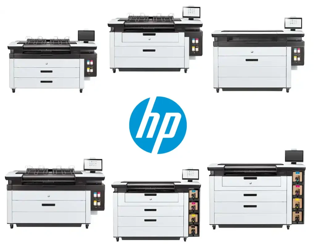 Six HP Page Wide Printers with the HP Logo in the middle
