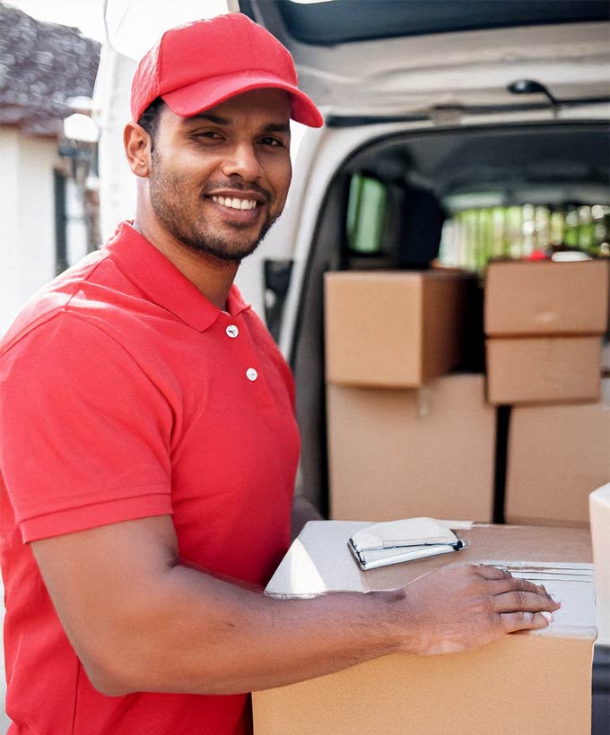 Delivery driver holding box behind the back of a van